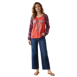 Soft Surroundings Women's Large Orange Embroidered Boho Paisley Blouse Tops